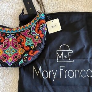 Mary Frances Majorca Crossbody Chain Strap Beaded Zipper Handbag Black Bag New